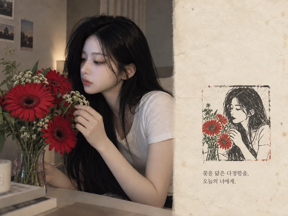 붉은 꽃 곁의 여인 사진과 같은 장면의 고무인장, 다정한 한 줄을 담은 소개용 엽서